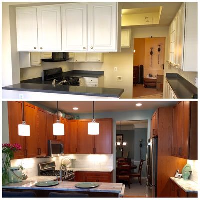 Kitchen: 3-1/4" natural oak hardwood floors, cherry cabinets, LED under-cabinet lighting, granite countertops & a subway tile backsplash.