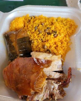 Pastel con Pernil y Arroz con Gandules: Pastel with Roast Pork & Rice with Pigeon Peas