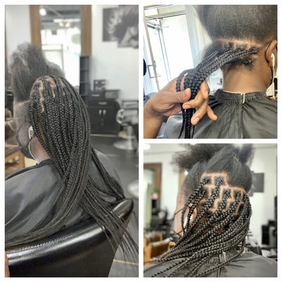 Traditional box braid hairstyle perfectly blended with all natural hair.