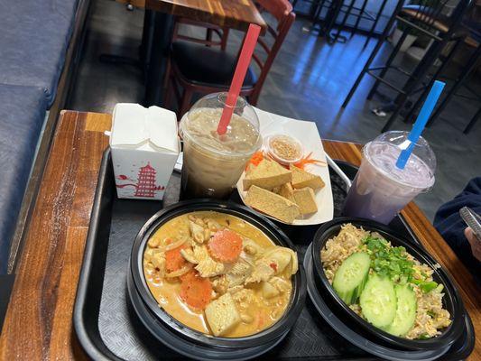 Massoman curry, thai fried rice and the fried tofu, alongside the taro and brown sugar milk teas