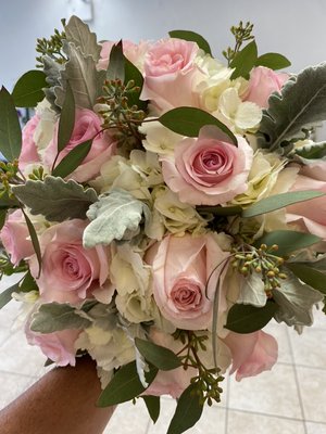 Bridal Bouquet for a recent wedding. Light pink roses, White  Hydranga, Dusty Miller and Seeded Eucalyptus.