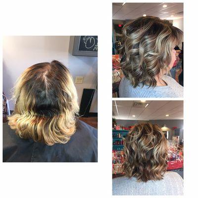 darkened her root, did a reverse balayage to give her hair more dimension and then toned her blonde to a pretty golden color!