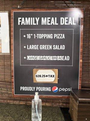 Menu; family meal deal