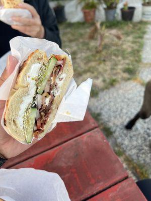 Garden bagel on an Asiago bagel