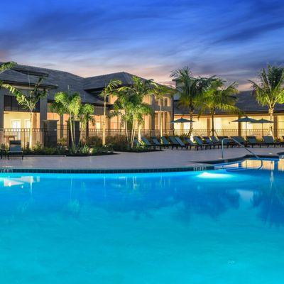 Pool and Clubhouse at Night