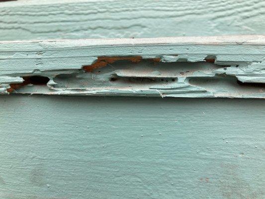 Termite damage on stairs not repaired.