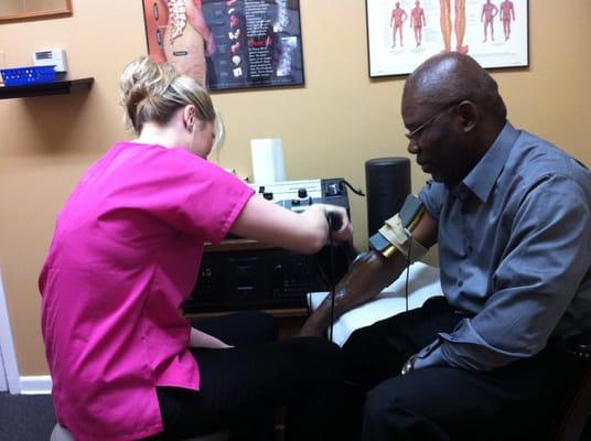 Ultrasound and electrical muscle stimulation are used to decrease pain & spasms and reduce scar tissue formation.