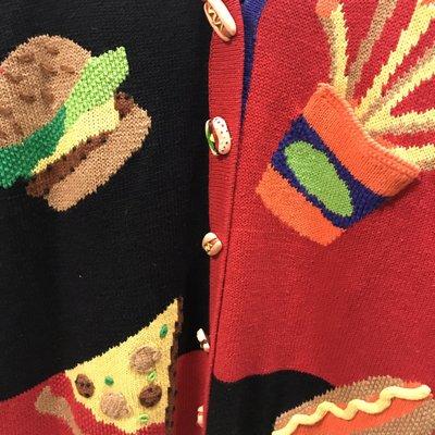 Burger bar cardigan with hot dog buttons