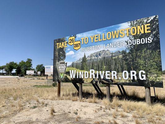 A billboard of the Wind River area heading towards Yellowstone.