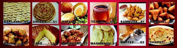 Tea ( chai ), coffee, mandazi, sambusa