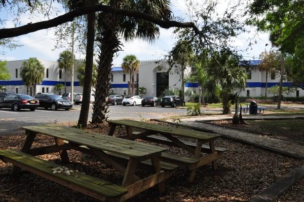 Outdoor Picnic Area Overlooking Lake with Water Fountain and Nature Trail