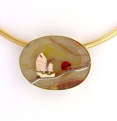 Asian Junk Ship sailing into a sunset Hand Fabricated with Rose, Yellow and White Gold and Agate.