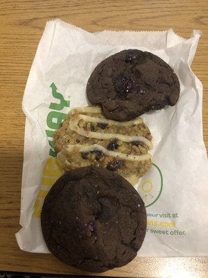 The dark chocolate cherry cookies and the carrot cake cookie.