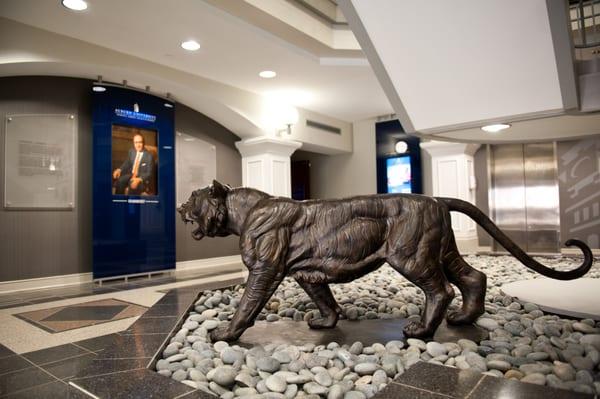 Harbie the Tiger in the lobby of Auburn University's Raymond J. Harbert College of Business.