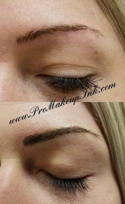 Client had over pluck brows needed fill in natural hair Strokes added before and after immediately taken