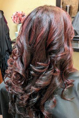 A world of curls in chocolate with a red halo