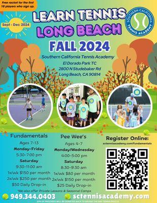 Learn tennis in Long Beach at El Dorado Park TC this Fall. Ages 4-13  & all levels welcome. Visit www.sctennisacademy.com for more info.