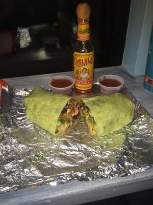 Grilled chicken burrito on spinach tortilla wrap!