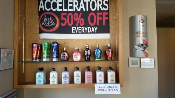 Accelerators 50% off everyday...no tan tax.