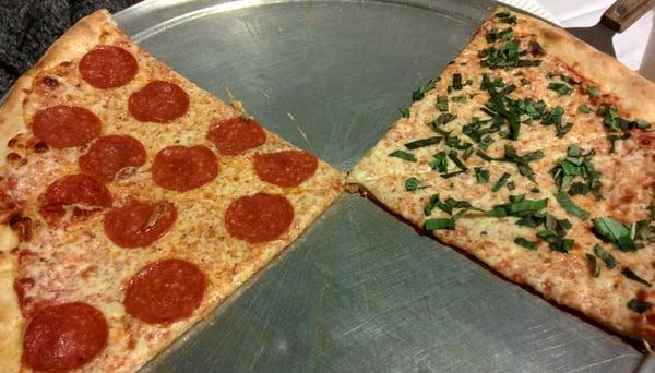 Pepperoni pizza and Basil pizza half and half.