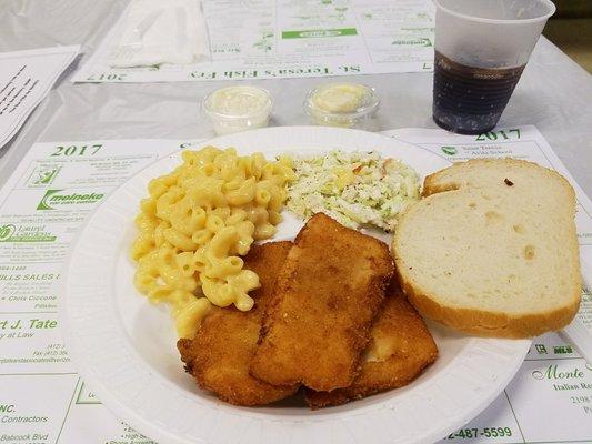 Fried fish dinner with cole slaw and mac n cheese