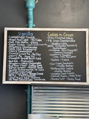 Menu (colored writing is the base flavor of the shake)