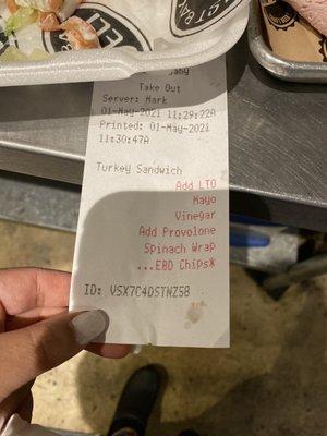 The ticket clearly says turkey and provolone