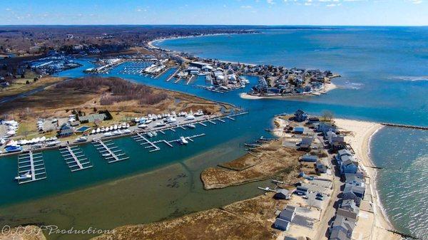 Aerial drone shot of Westbrook, CT Shoreline