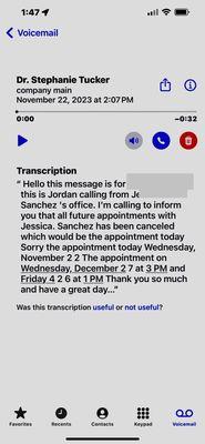 Voicemail left before Thanksgiving holiday, canceling all future appointments without any explanation.