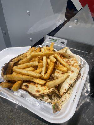 Chicken quesadilla and fries