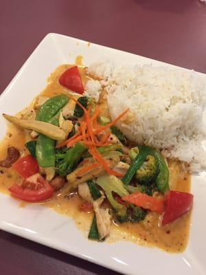 Pattani - Thai red curry with coconut milk, carrots, baby corn, pea pods, green onions, broccoli, tomato, cashew nuts