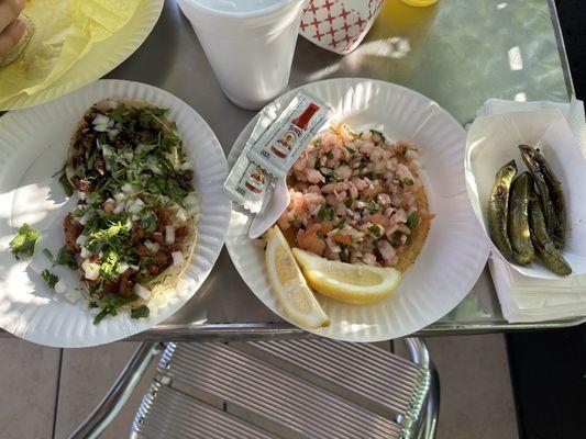 Pastor, asada, tostada de camarón, grilled peppers.