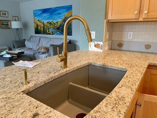 Beautiful new counter with the under mount sink we provided