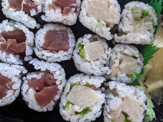 CHOPPED not finely cut tuna rolls and yellowtail scallion rolls.