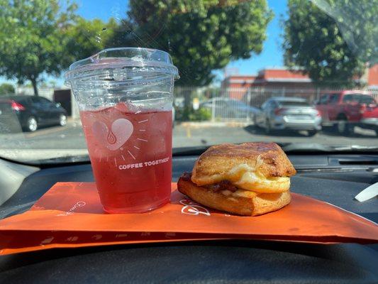 Egg and Bacon Breakfast Sandwich & Pink Sunset Drink