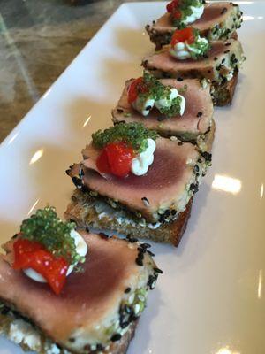 Seared Peppered Ahi Tuna with Wasabi Cream Cheese, Red Pimento & Wasabi Caviar on a Multi-Grain Toast