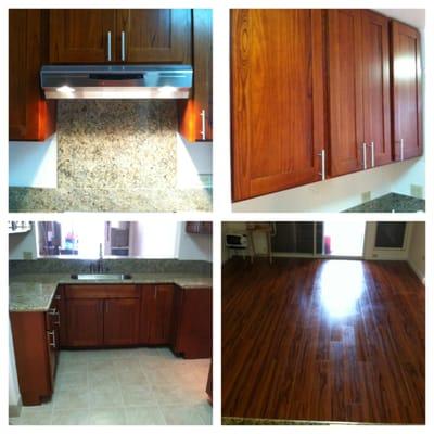 Prefab Instock cherry shaker doors w/ face frame cabinets. Granite counter & under mount sink. Tiger wood 12mm Laminate floors.