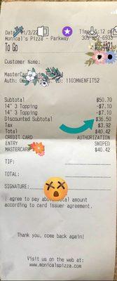 This is my receipt- the sensitive information. As you can see, I was charged for $36.50 instead of $32 plus tax.