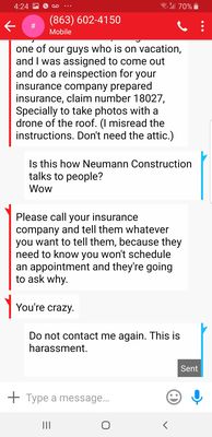 The messages with the vertical red line are from Thomas Lutz of Neumann Construction and Roofing