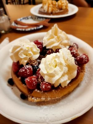 Waffle with fresh strawberries, blueberries & raspberries.