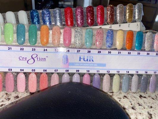 Huge selection of gel colors abs different types.  They offer mood changing abs the FUR nails