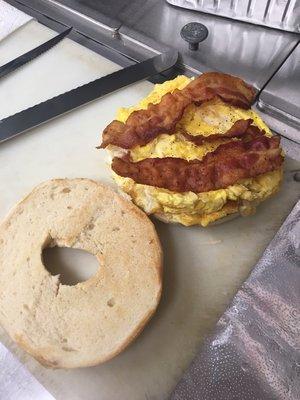 Bacon egg and cheese on a bagel