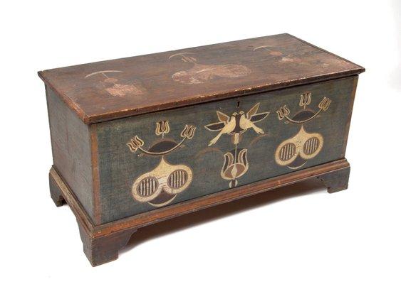 June 20, 2015. Lot 492. Shenandoah Valley of Virginia, Johannes Spitler Paint-Decorated Yellow Pine Blanket Chest. Price Realized: $356,500.