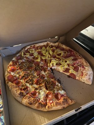 Large pizza half pepperoni and sausage and half pepperoni and banana peppers