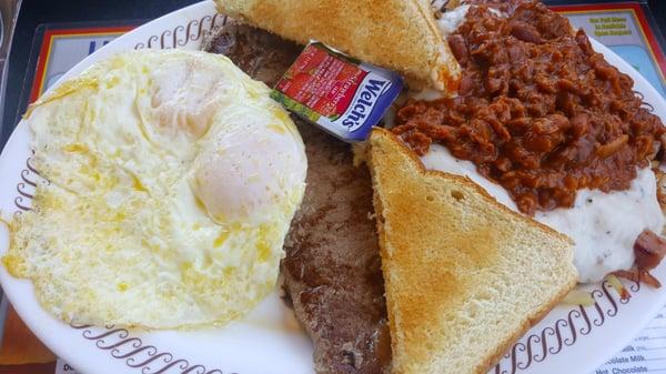 Steak & eggs breakfast with the "All the way" hash browns.