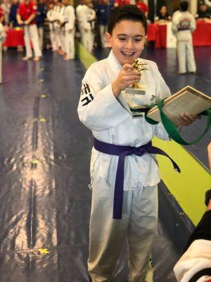 Trophy from green belt testing to blue belt!