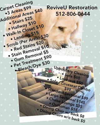 ReviveU Restoration carpet and upholstery cleaning menu