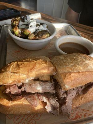 Roasted sirloin French dip with Brussels side